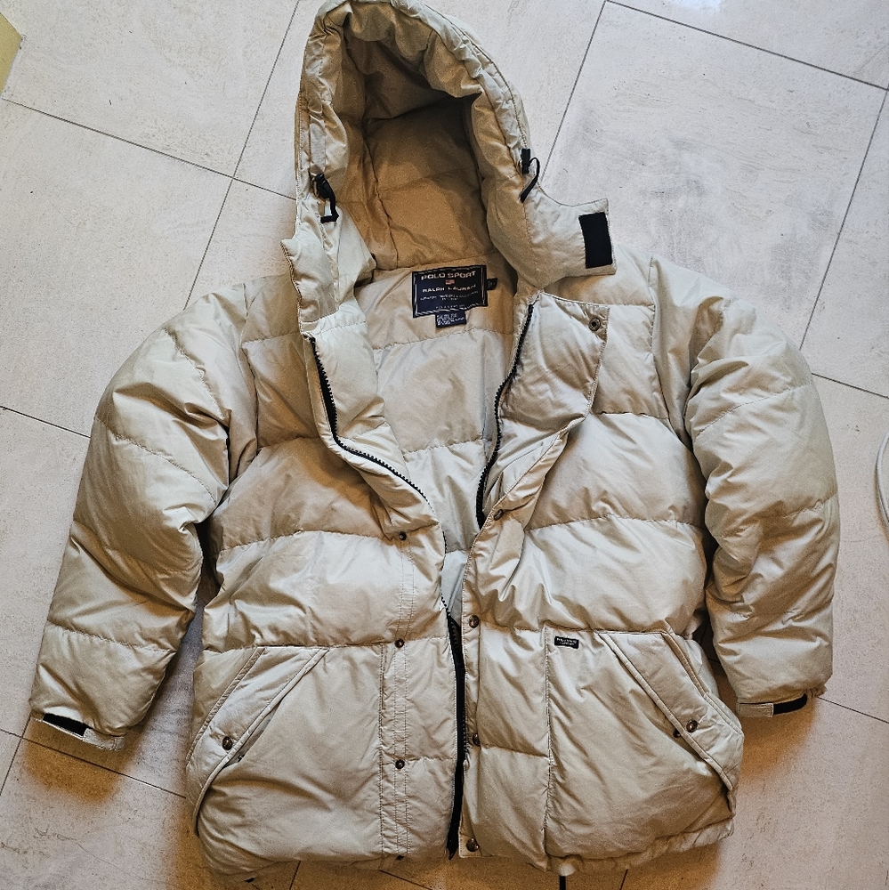 Mens Vintage Polo Sport Ralph Lauren Cream Puffer Jacket with Hood